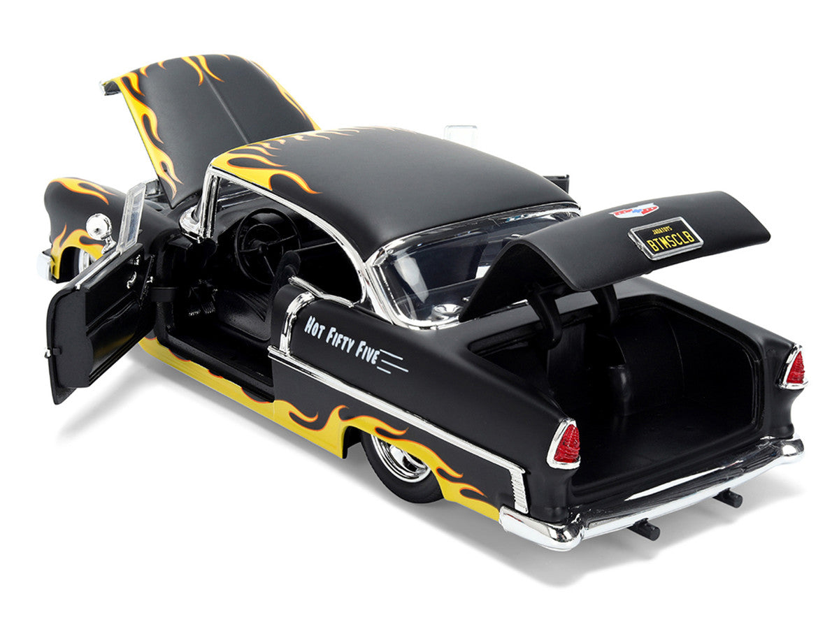 1955 Chevrolet Bel Air "BTM Social Club" Matt Black with Flames "Bigtime Muscle" Series 1/24 Diecast Model Car by Jada LuxuryLifeWay Online Store