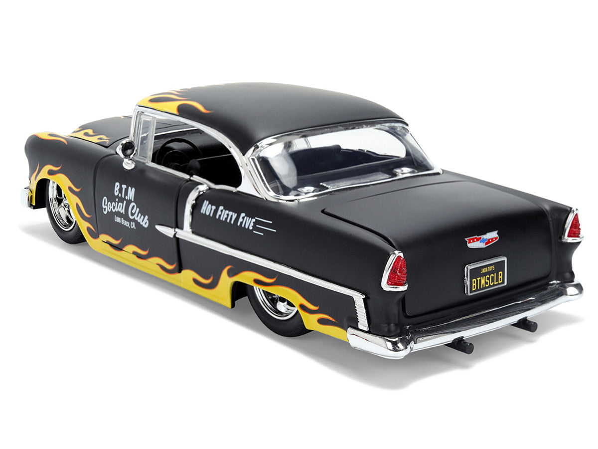 1955 Chevrolet Bel Air "BTM Social Club" Matt Black with Flames "Bigtime Muscle" Series 1/24 Diecast Model Car by Jada LuxuryLifeWay Online Store