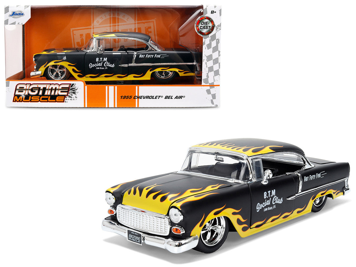1955 Chevrolet Bel Air "BTM Social Club" Matt Black with Flames "Bigtime Muscle" Series 1/24 Diecast Model Car by Jada LuxuryLifeWay Online Store