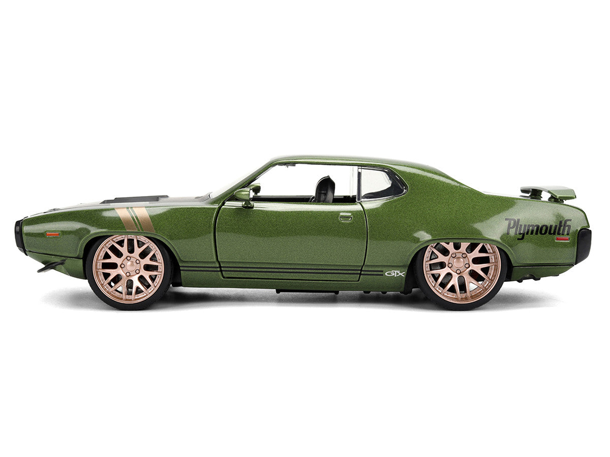1972 Plymouth GTX Green Metallic with Matt Black Hood and Gold Stripes "Bigtime Muscle" Series 1/24 Diecast Model Car by Jada LuxuryLifeWay Online Store