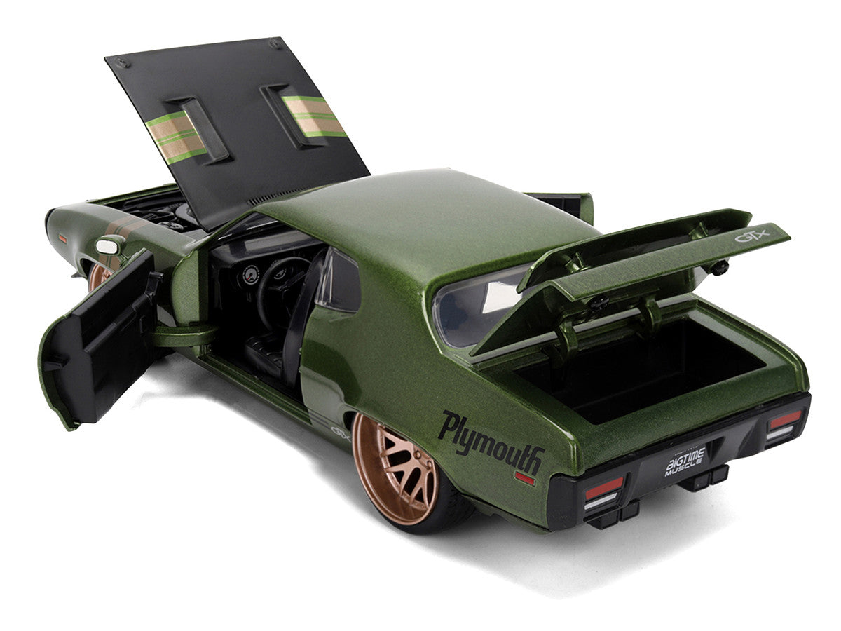 1972 Plymouth GTX Green Metallic with Matt Black Hood and Gold Stripes "Bigtime Muscle" Series 1/24 Diecast Model Car by Jada LuxuryLifeWay Online Store