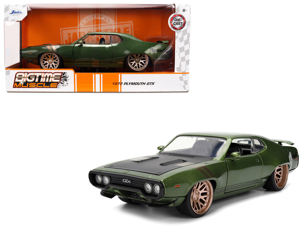 1972 Plymouth GTX Green Metallic with Matt Black Hood and Gold Stripes "Bigtime Muscle" Series 1/24 Diecast Model Car by Jada LuxuryLifeWay Online Store