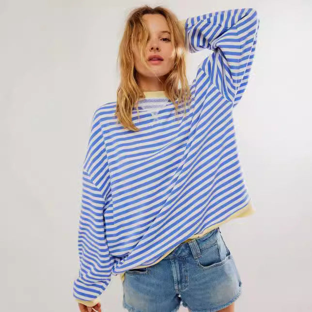 Women's Striped Embroidered Stitching Color-inserted Pullover Sweater CJD