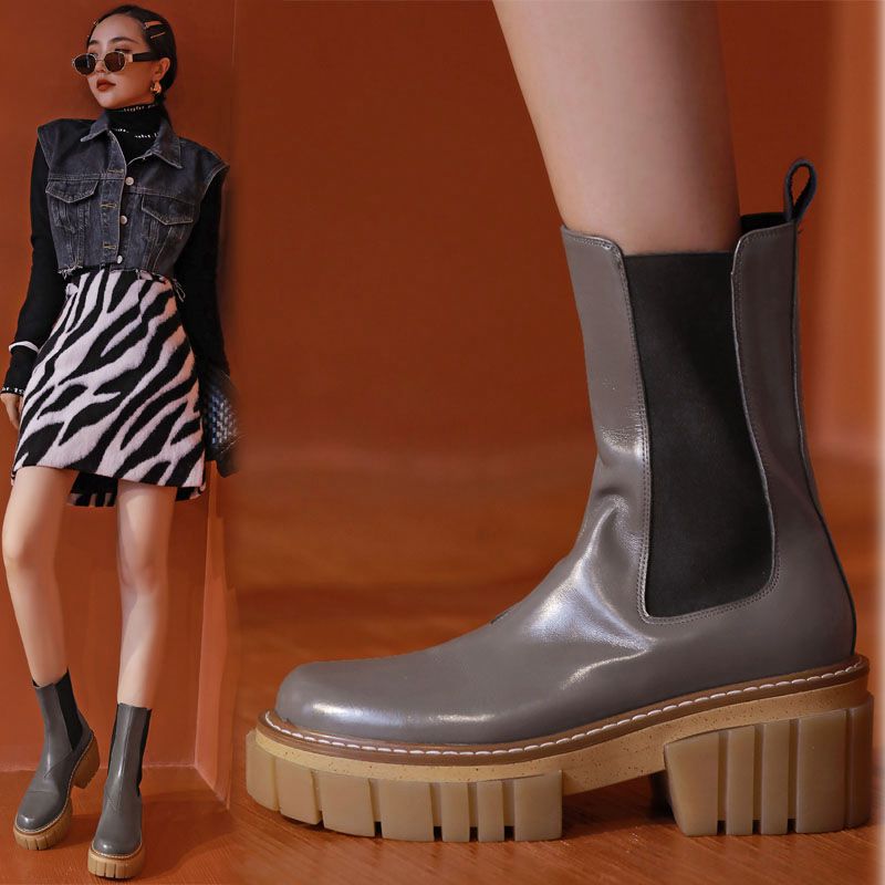 Round Toe High Heeled Leather Platform Retro Martin Ankle Boots LadyShow.Store
