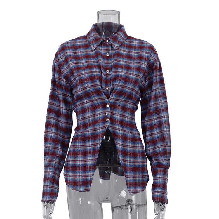 Retro Plaid Collared Long-sleeved Fitted Shirt NorixaFashion.com