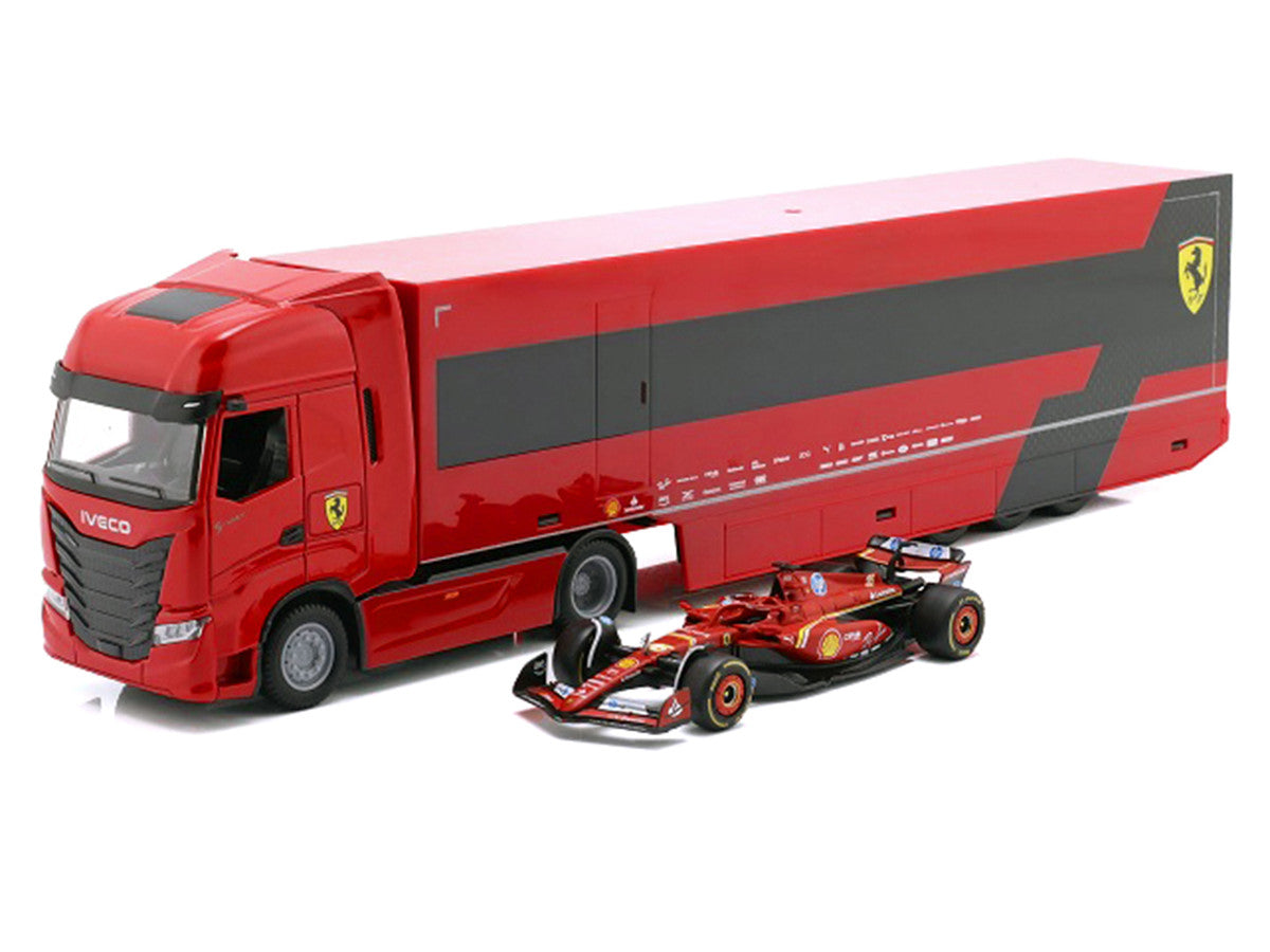 Iveco S-Way 570 Car Transporter Red and Ferrari SF-24 #16 Charles Leclerc Formula One F1 World Championship (2024) "Racing Hauler" Series 1/43 Diecast Model Car by Bburago LuxuryLifeWay Online Store