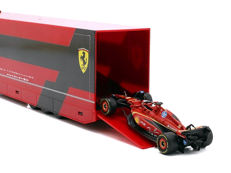 Iveco S-Way 570 Car Transporter Red and Ferrari SF-24 #16 Charles Leclerc Formula One F1 World Championship (2024) "Racing Hauler" Series 1/43 Diecast Model Car by Bburago LuxuryLifeWay Online Store