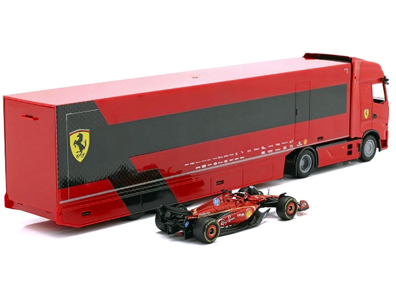 Iveco S-Way 570 Car Transporter Red and Ferrari SF-24 #16 Charles Leclerc Formula One F1 World Championship (2024) "Racing Hauler" Series 1/43 Diecast Model Car by Bburago LuxuryLifeWay Online Store
