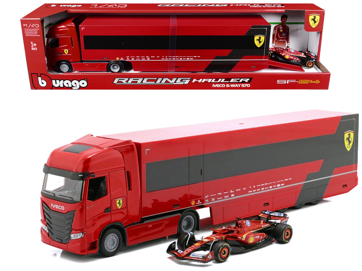 Iveco S-Way 570 Car Transporter Red and Ferrari SF-24 #16 Charles Leclerc Formula One F1 World Championship (2024) "Racing Hauler" Series 1/43 Diecast Model Car by Bburago LuxuryLifeWay Online Store