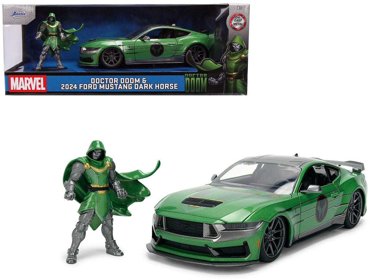 2024 Ford Mustang Dark Horse Green Metallic with Gray Top and Graphic with Doctor Doom Diecast Figure "Marvel's Doctor Doom" Character "Hollywood Rides" Series 1/24 Diecast Model Car by Jada LuxuryLifeWay Online Store