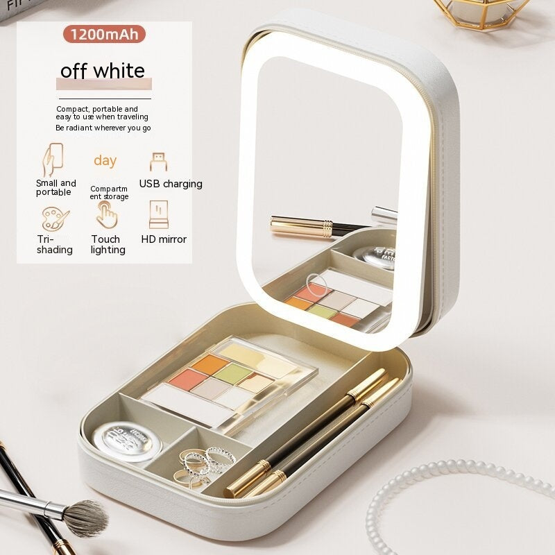 Makeup Storage Box With LED Light Mirror Portable Travel Makeup Cosmetics Storage Box Touch Light Storage Organizer LadyShow.Store