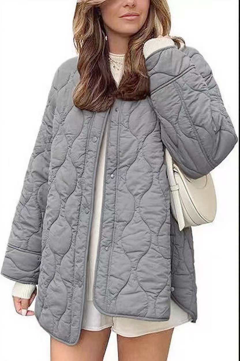 European And American Style Chic String Decoration Simple Solid Color Round Neck Loose Cotton Coat LadyShow.Store