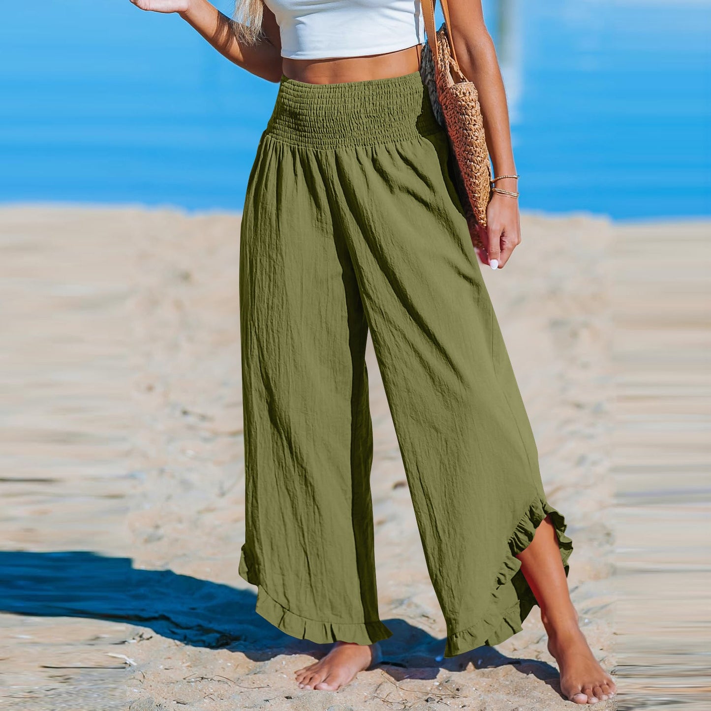 Pleated Asymmetrical Hem Cotton-linen Loose-fit Casual Pants NorixaFashion.com