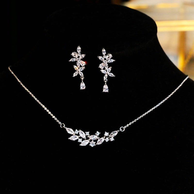 French Exquisite Zircon Leaves Super Fairy Bridal Wedding Necklace Earrings LadyShow.Store