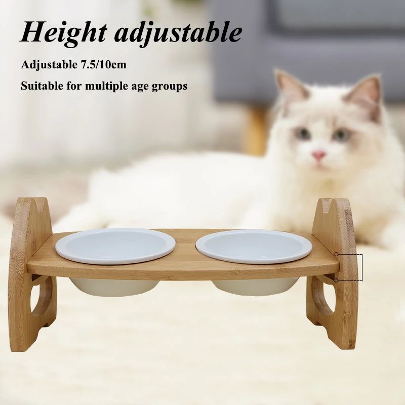 Pet Bowl Ceramic Double Bowl Wooden Stand Neck Protection Dog Cat Food Basin Height Adjustable Tilt Separate Bowls Pet Accessori Pets Fashion