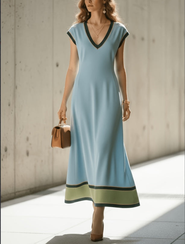 2026 New Haze Blue V-neck Contrasting Edge Waist Cinched Sleeveless Mid Length Temperament Dress NorixaFashion.com