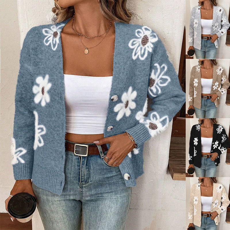 Flowers Print Button Front Cardigan NorixaFashion.com