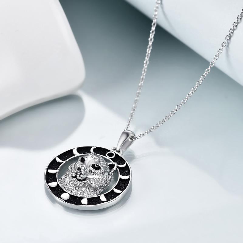 Wolf Pendant Necklace 925 Sterling Silver Moon Phase LadyShow.Store