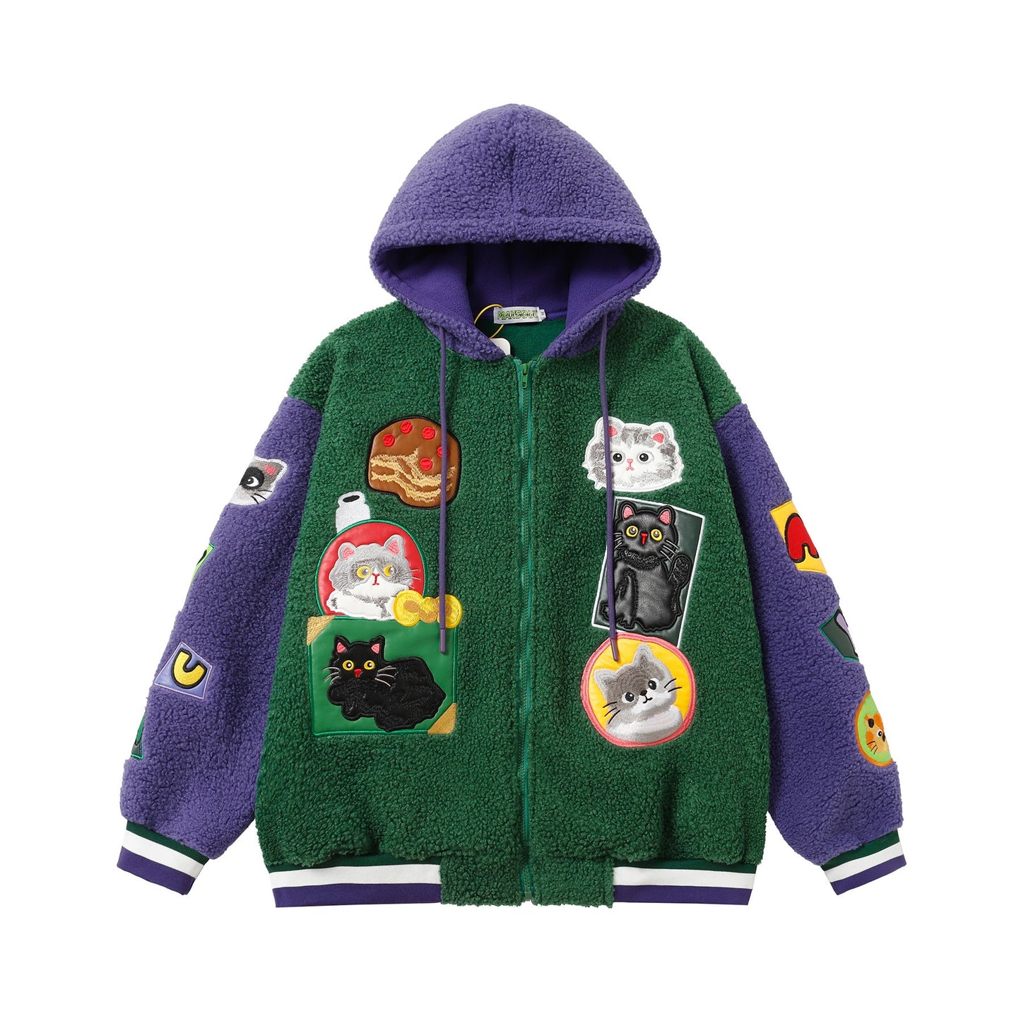Lamb Wool Stitching Contrast Color Cartoon Cloth Embroidered Cotton-padded Coat Best YouTube Store