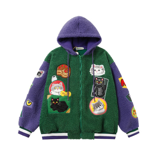 Lamb Wool Stitching Contrast Color Cartoon Cloth Embroidered Cotton-padded Coat Best YouTube Store
