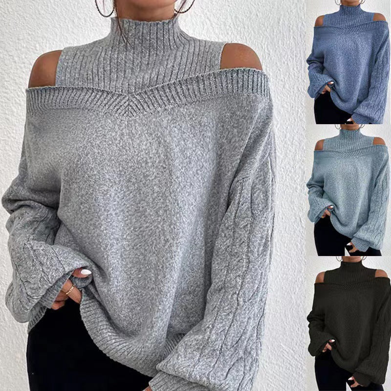 Off-the-shoulder Sweater Women's Pullover Half Turtleneck Autumn And Winter New Lantern Sleeve Sweater NorixaFashion.com