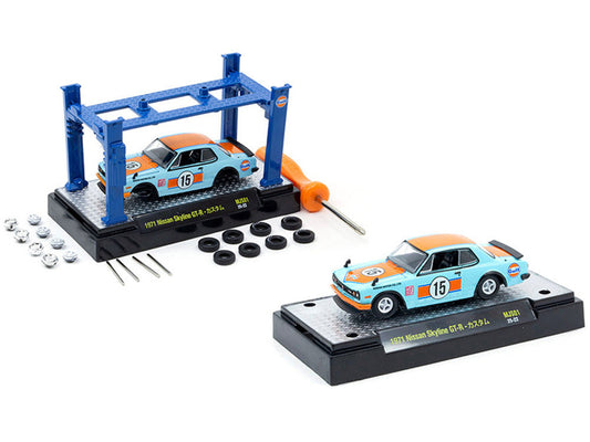 1971 Nissan Skyline GT-R RHD (Right Hand Drive) #15 "Gulf Oil" Light Blue and Orange "Auto-Lifts" Series Limited Edition to 3300 pieces Worldwide 1/64 Diecast Model Car by M2 Machines LuxuryLifeWay Online Store
