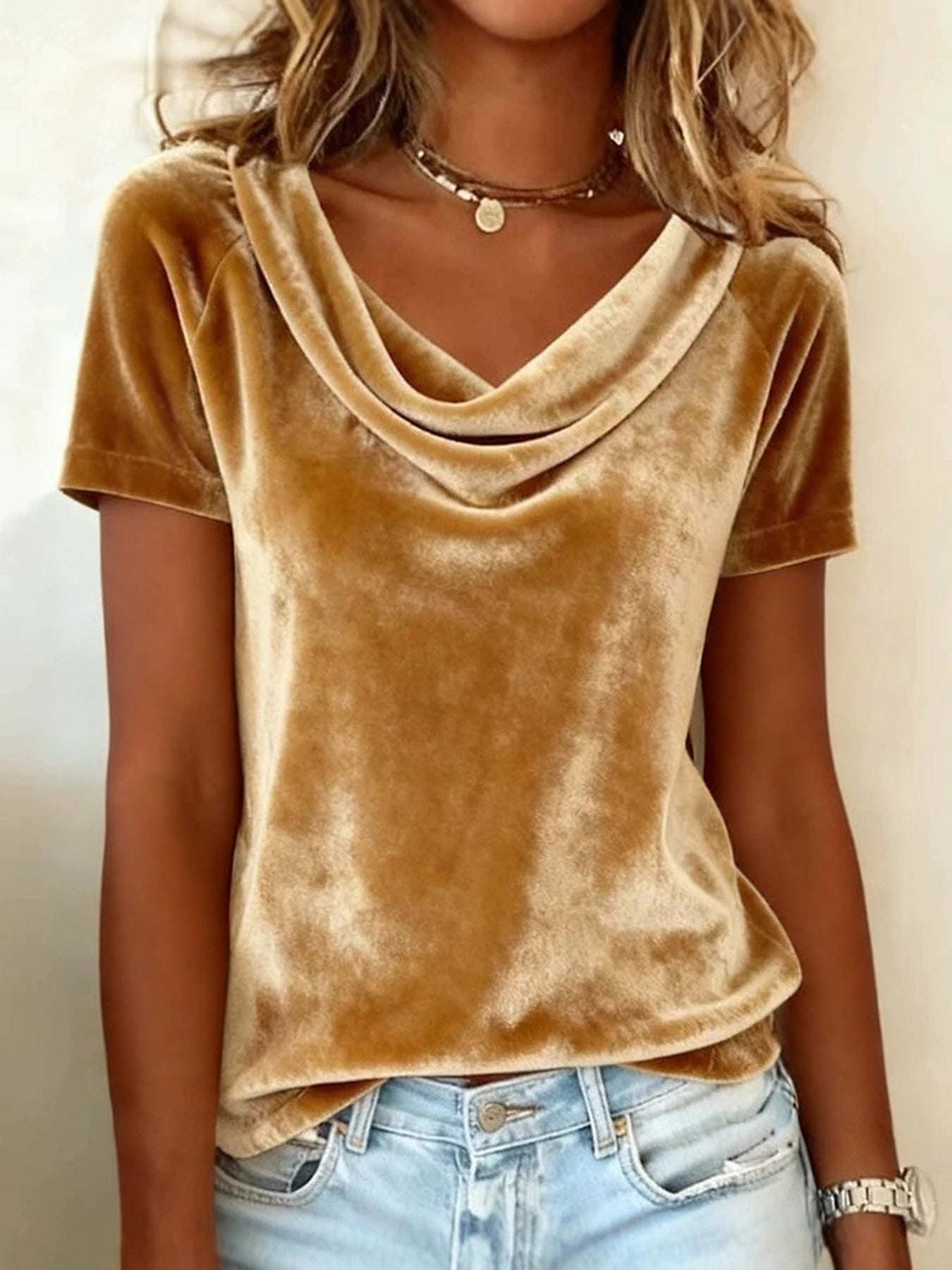 Womens New Solid-Colored Scoop-Neck Short-Sleeve Sexy Velvet T-Shirt LadyShow.Store