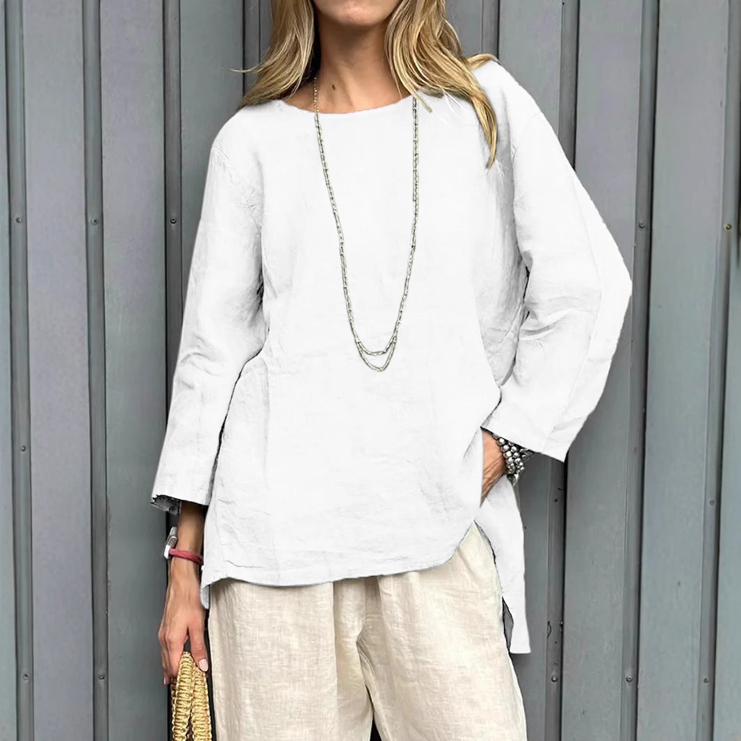 Vintage Cotton-Linen Crew-Neck Long-Sleeve Fashion Blouse For Women LadyShow.Store