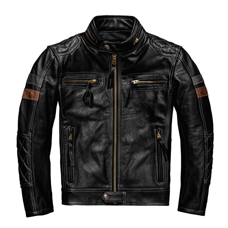 Men's Genuine Leather Biker Jacket with Protective Gear Pi-Mart