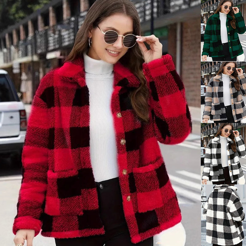 Color-blocked Plaid Jacket Fashion Lapel Pockets Single-breasted Coat Spring Fall Clothing For Women NorixaFashion.com