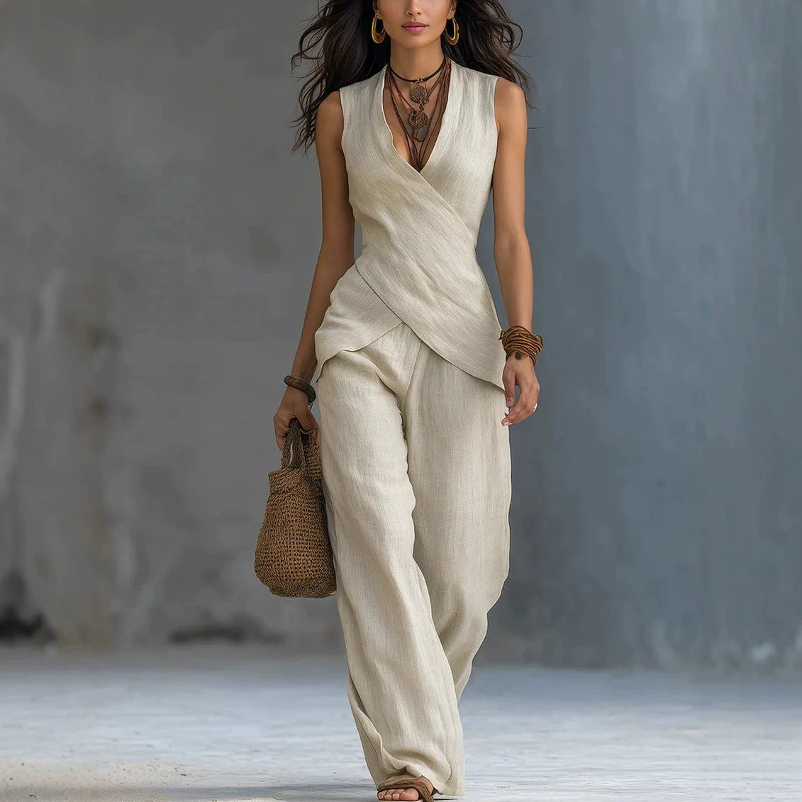 Cross-design Top Casual Shirt Wide-leg Pants Set For Women NorixaFashion.com