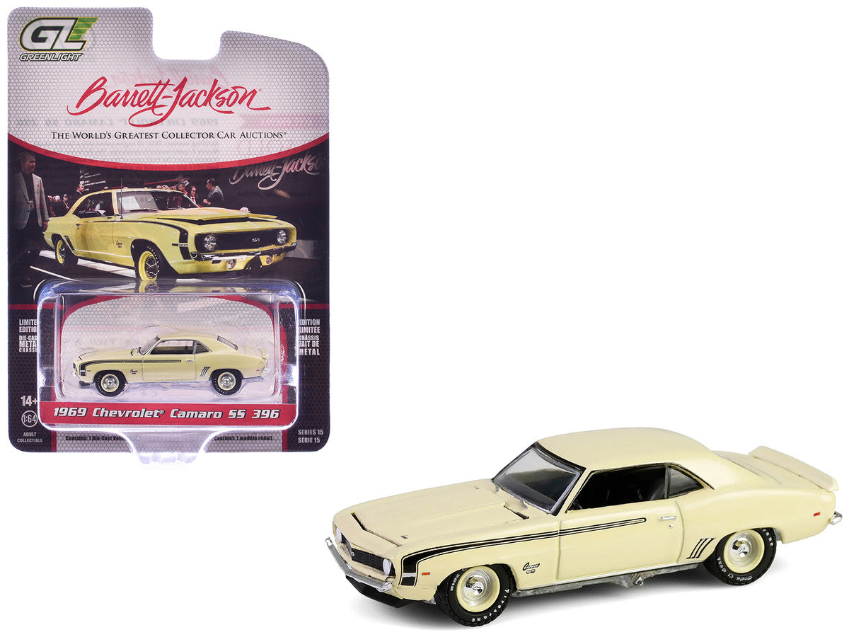 1969 Chevrolet Camaro SS 396 Butternut Yellow with Black Stripes "Barrett-Jackson" Series 15 1/64 Diecast Model Car by Greenlight LuxuryLifeWay Online Store