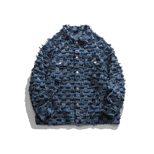 Checkerboard Denim Shearling Lapel Jacket Pi-Mart