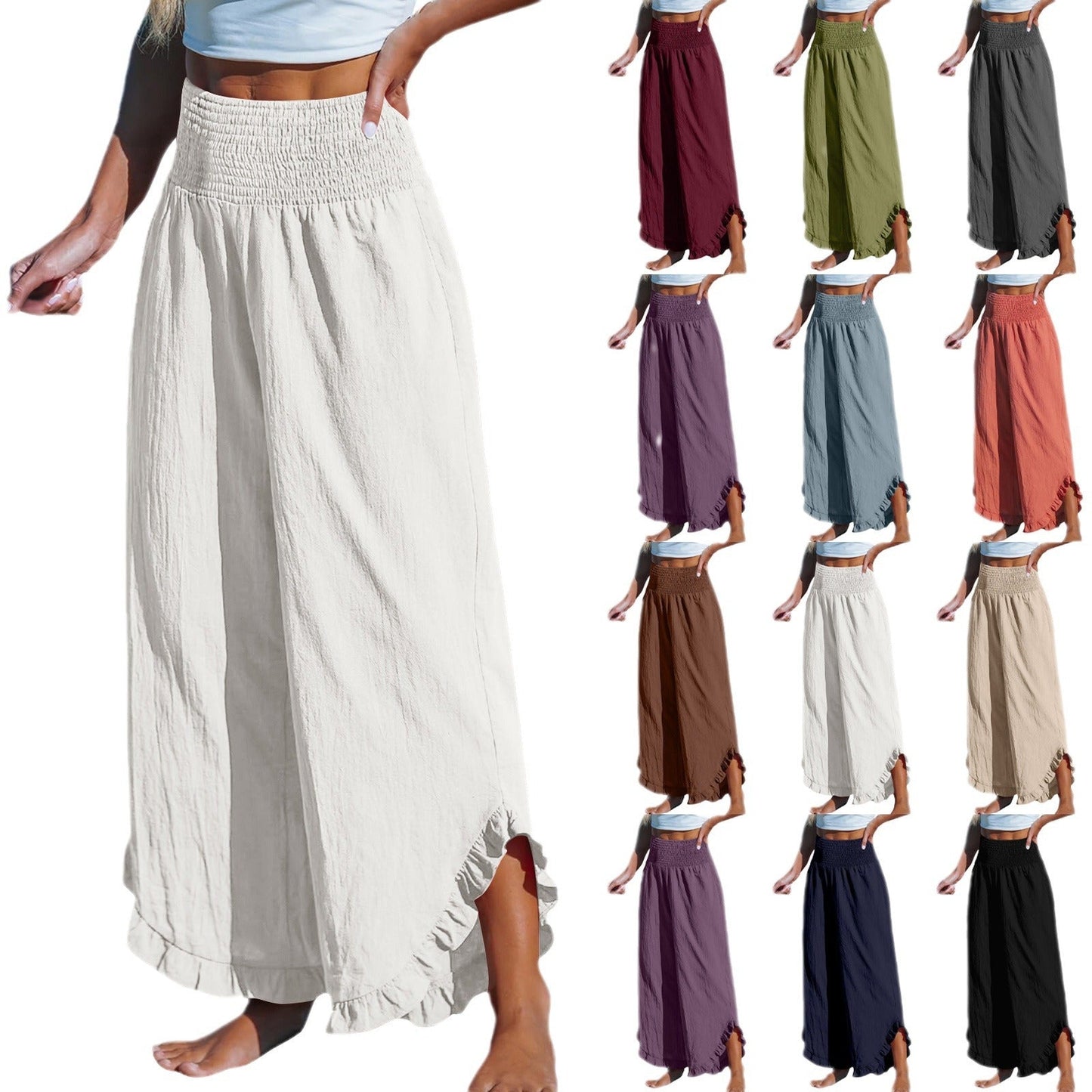 Pleated Asymmetrical Hem Cotton-linen Loose-fit Casual Pants NorixaFashion.com
