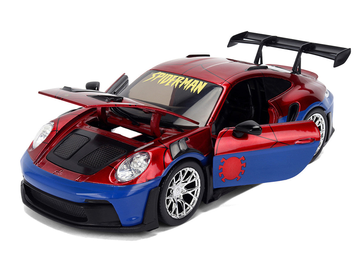 Porsche 911 GT3 RS (992) Red and Blue with Graphics and Spider-Man Diecast Figure "Marvel Spider-Man" "Hollywood Rides" Series 1/24 Diecast Model Car by Jada LuxuryLifeWay Online Store