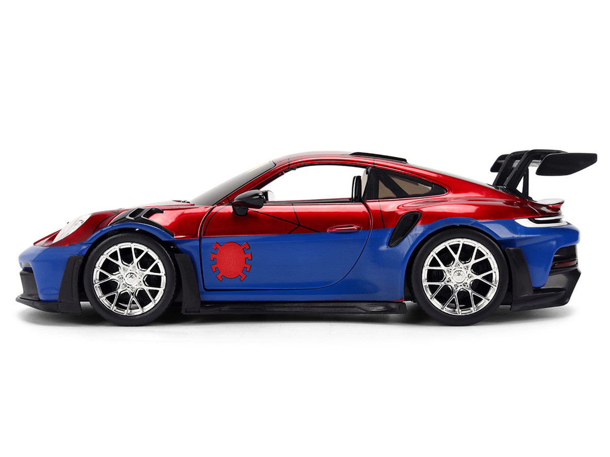 Porsche 911 GT3 RS (992) Red and Blue with Graphics and Spider-Man Diecast Figure "Marvel Spider-Man" "Hollywood Rides" Series 1/24 Diecast Model Car by Jada LuxuryLifeWay Online Store