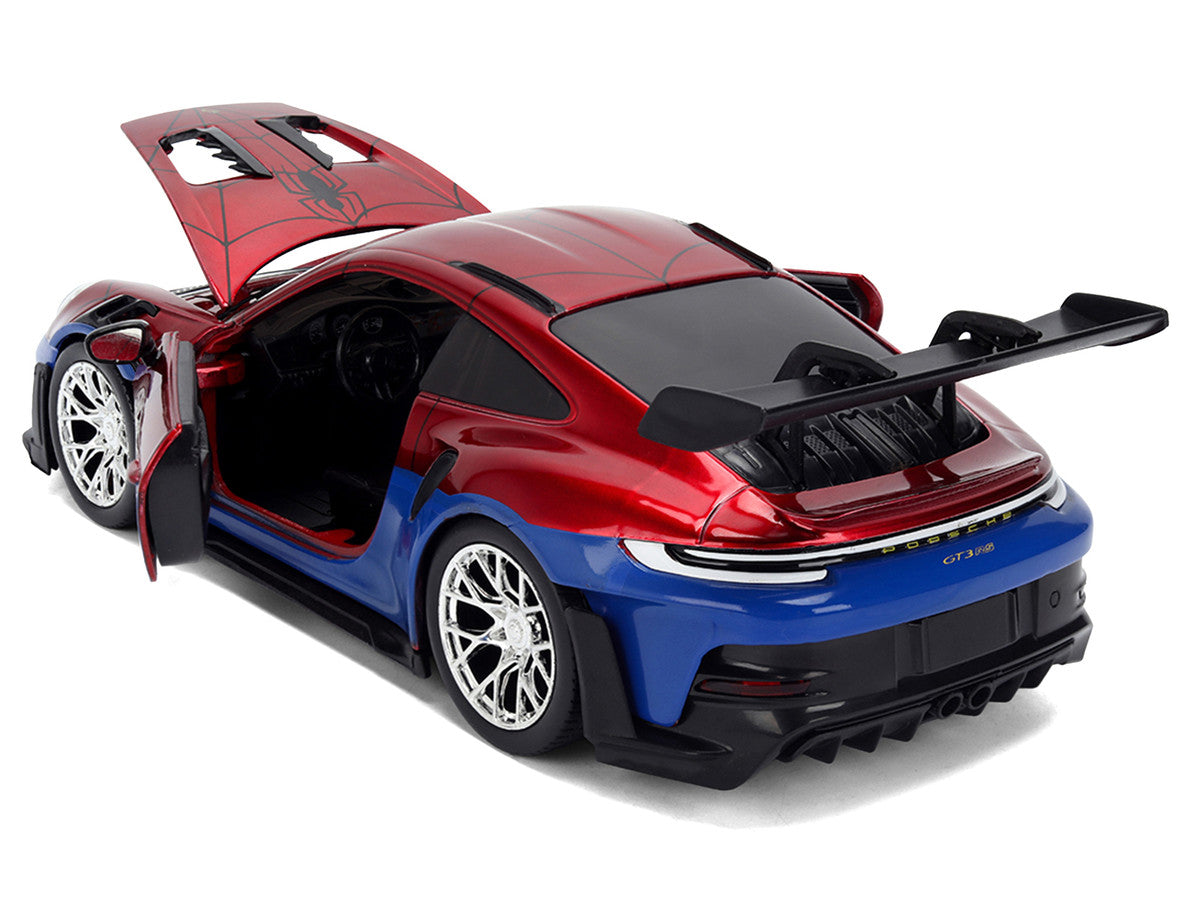 Porsche 911 GT3 RS (992) Red and Blue with Graphics and Spider-Man Diecast Figure "Marvel Spider-Man" "Hollywood Rides" Series 1/24 Diecast Model Car by Jada LuxuryLifeWay Online Store