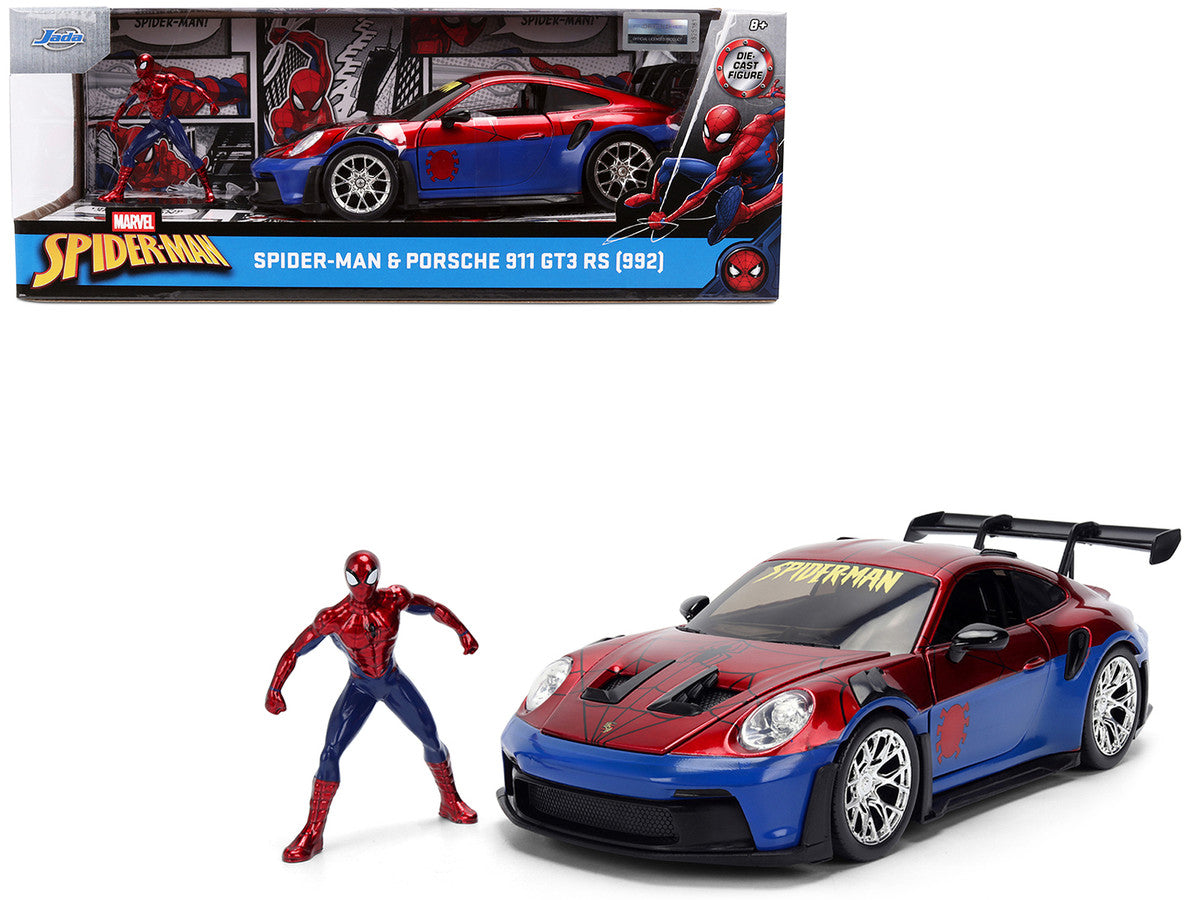 Porsche 911 GT3 RS (992) Red and Blue with Graphics and Spider-Man Diecast Figure "Marvel Spider-Man" "Hollywood Rides" Series 1/24 Diecast Model Car by Jada LuxuryLifeWay Online Store