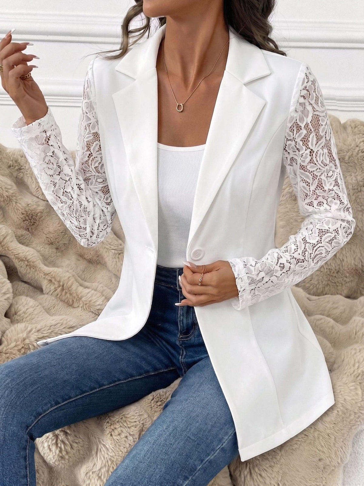 European And American Cross-border 2026 Autumn New Fashion Lapel Slim-fit One-button Blazer With Lace Long-sleeve Patchwork Jacket NorixaFashion.com