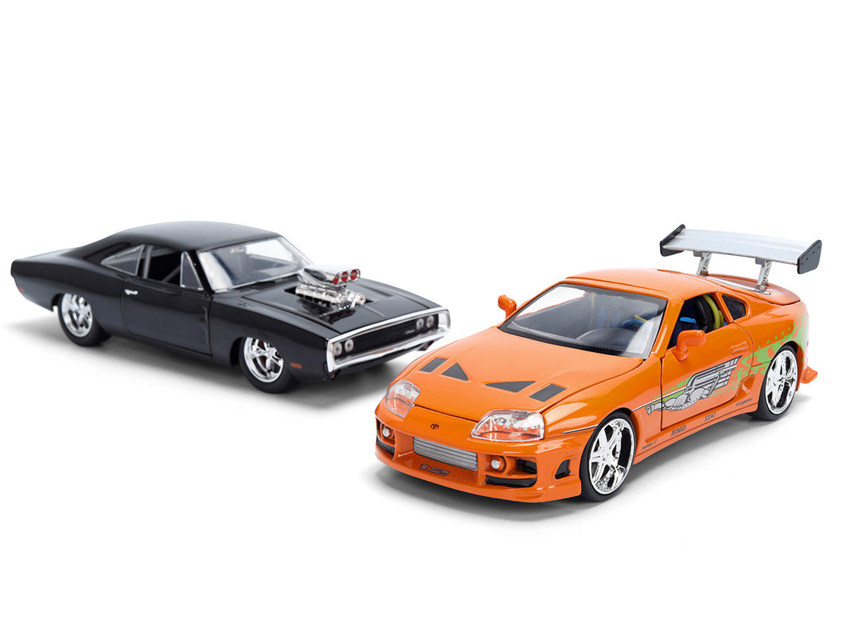 Dom's 1970 Dodge Charger R/T Black and Brian's Toyota Supra Orange with Graphics Set of 2 Cars "Fast & Furious 25th Anniversary" "Fast & Furious" Series 1/24 Diecast Model Cars by Jada LuxuryLifeWay Online Store