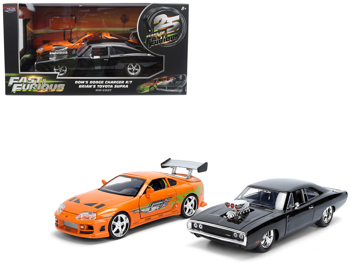 Dom's 1970 Dodge Charger R/T Black and Brian's Toyota Supra Orange with Graphics Set of 2 Cars "Fast & Furious 25th Anniversary" "Fast & Furious" Series 1/24 Diecast Model Cars by Jada LuxuryLifeWay Online Store