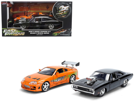 Dom's 1970 Dodge Charger R/T Black and Brian's Toyota Supra Orange with Graphics Set of 2 Cars "Fast & Furious 25th Anniversary" "Fast & Furious" Series 1/24 Diecast Model Cars by Jada LuxuryLifeWay Online Store