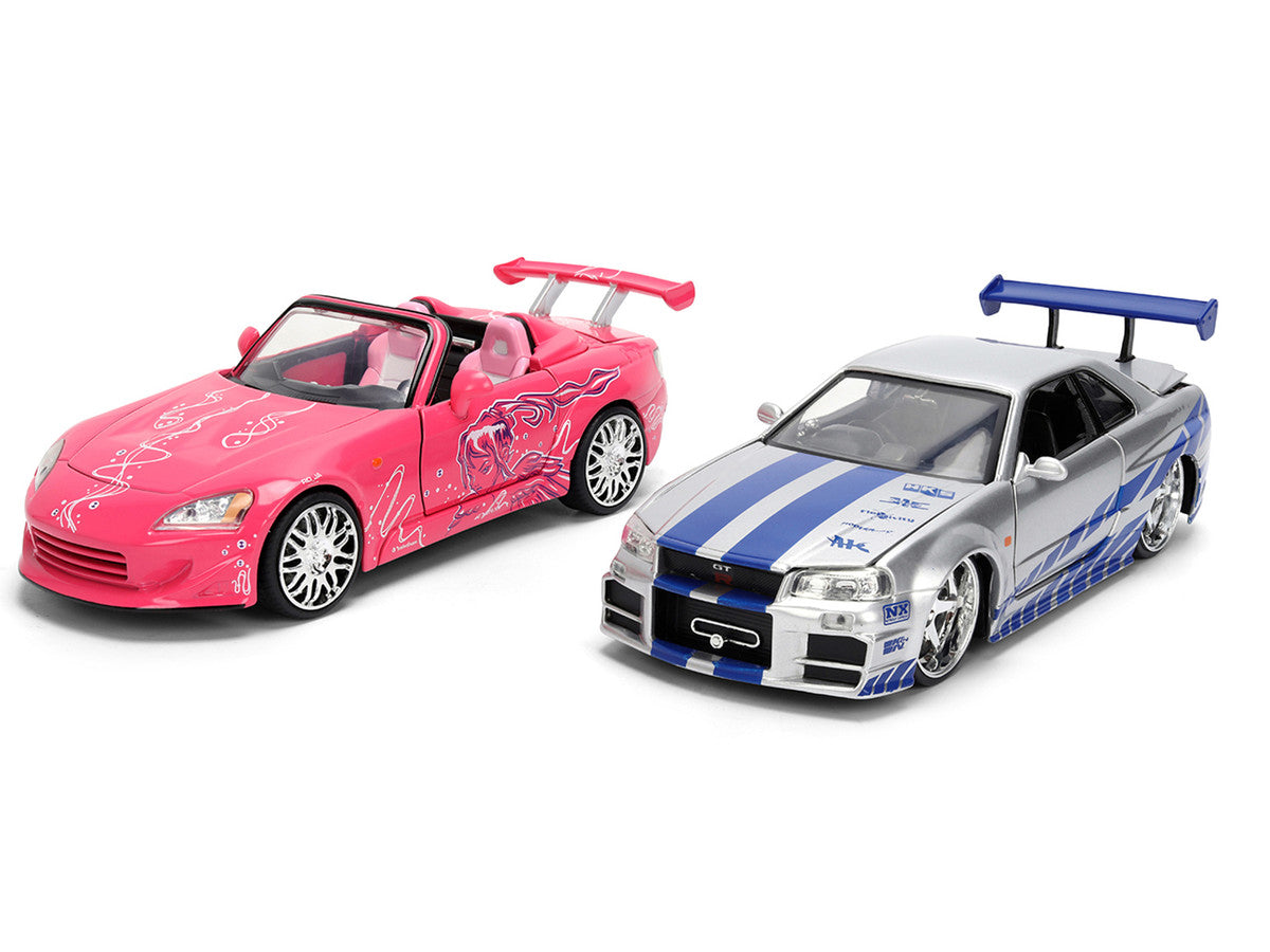Brian's Nissan Skyline GT-R (R34) Silver Metallic with Blue Stripes and Suki's Honda S2000 Pink with Graphics Set of 2 Cars "Fast & Furious 25th Anniversary" "Fast & Furious" Series 1/24 Diecast Model Cars by Jada LuxuryLifeWay Online Store