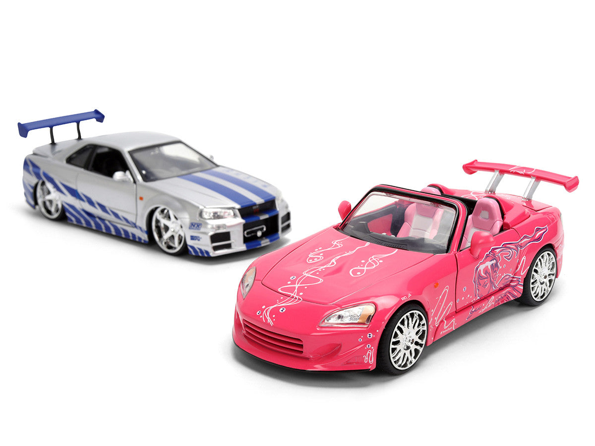 Brian's Nissan Skyline GT-R (R34) Silver Metallic with Blue Stripes and Suki's Honda S2000 Pink with Graphics Set of 2 Cars "Fast & Furious 25th Anniversary" "Fast & Furious" Series 1/24 Diecast Model Cars by Jada LuxuryLifeWay Online Store