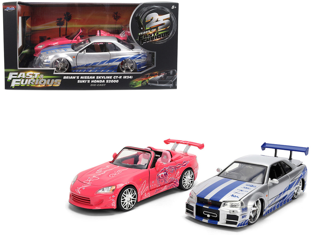 Brian's Nissan Skyline GT-R (R34) Silver Metallic with Blue Stripes and Suki's Honda S2000 Pink with Graphics Set of 2 Cars "Fast & Furious 25th Anniversary" "Fast & Furious" Series 1/24 Diecast Model Cars by Jada LuxuryLifeWay Online Store