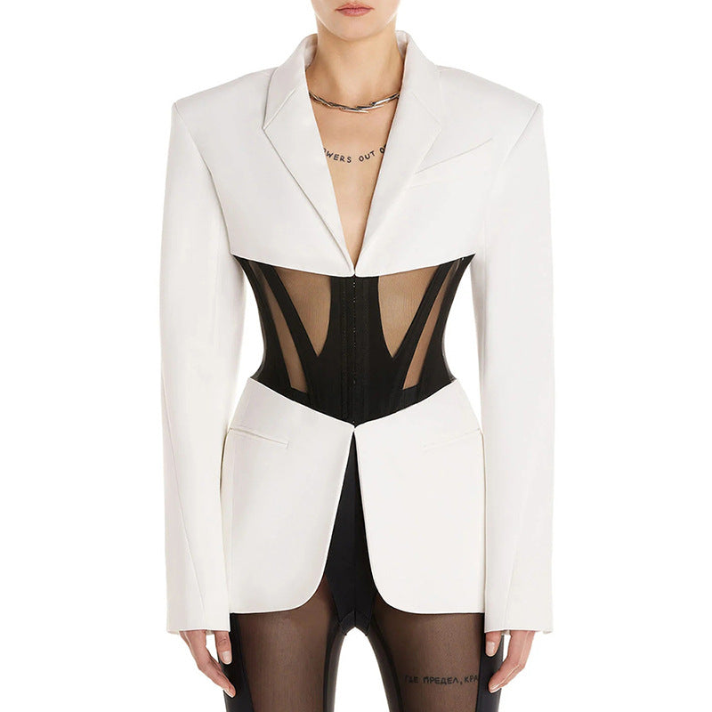 Fashion Cool Sheer Mesh Fishbone Slim Fit Patchwork Suit Jacket Best YouTube Store