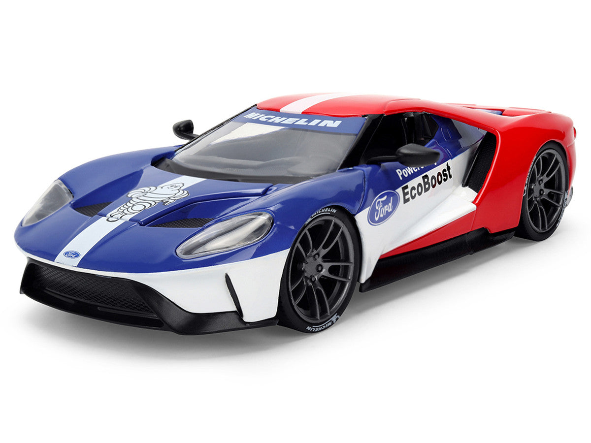 2017 Ford GT Blue and Red with White Stripes with Michelin Man Diecast Figure "Michelin Tires" "Hollywood Rides" Series 1/24 Diecast Model Car by Jada LuxuryLifeWay Online Store