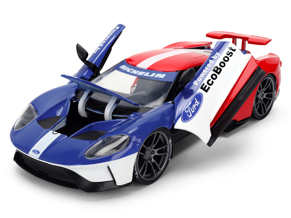 2017 Ford GT Blue and Red with White Stripes with Michelin Man Diecast Figure "Michelin Tires" "Hollywood Rides" Series 1/24 Diecast Model Car by Jada LuxuryLifeWay Online Store