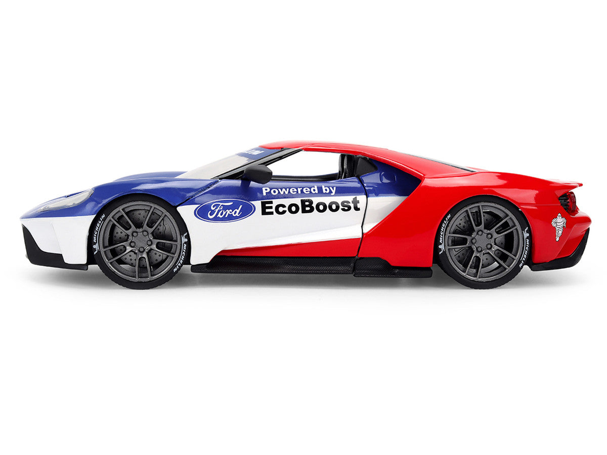 2017 Ford GT Blue and Red with White Stripes with Michelin Man Diecast Figure "Michelin Tires" "Hollywood Rides" Series 1/24 Diecast Model Car by Jada LuxuryLifeWay Online Store