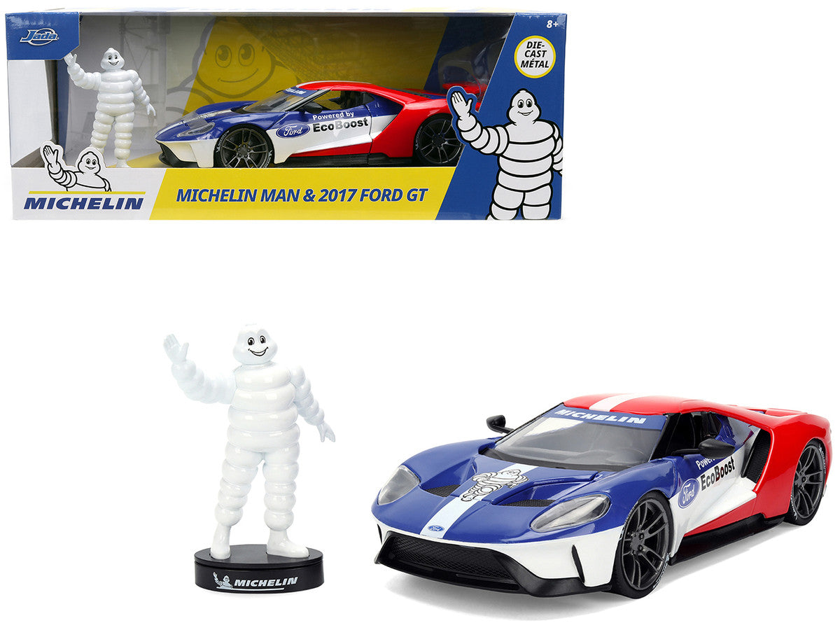 2017 Ford GT Blue and Red with White Stripes with Michelin Man Diecast Figure "Michelin Tires" "Hollywood Rides" Series 1/24 Diecast Model Car by Jada LuxuryLifeWay Online Store